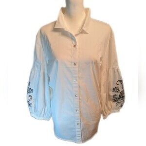 J.Jill White Shirt Collection button up white blouse, embroidered balloon sleeve